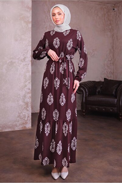 TRENDTESETTÜR KADIN BORDO KUŞAKLI DESENLİ ELBİSE T 2684