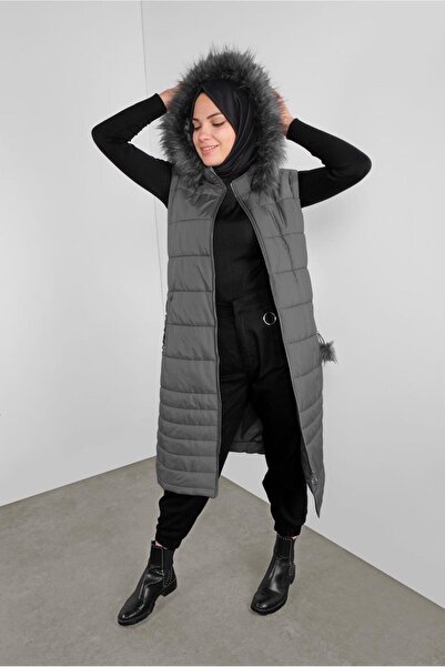 TRENDTESETTÜR Women's Gray (Smoked) Belted Ka Hooded Knitted Vest 90121