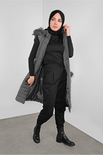 TRENDTESETTÜR Women's Gray (Smoked) Belted Ka Hooded Knitted Vest 90121