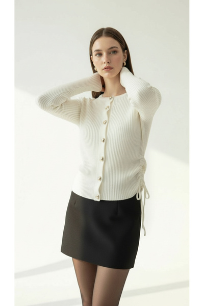 peri tower New Season Women's Side B Ruched Detail Buttoned Knitwear Cardigan 0048