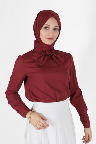 TRENDTESETTÜR Women's Burgundy Bow Tie Detail Zippered Blouse 40202