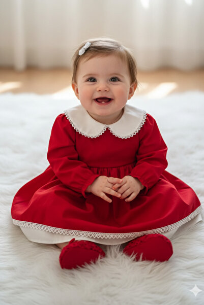 Bertuğ Bebek Dantel Detaylı Bebe Yaka Kız Çocuk Bebek Pamuklu Kırmızı Beyaz E...