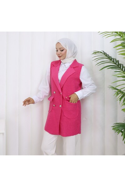 MİSS M.A.T FASHİON Bucket Pon Pon Fabric with Pocket Cover Crossbody Collar 4 Button Vest