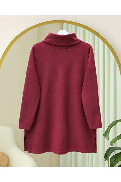 Modamorfo Turtleneck Slit Ribbed Knit Tunic -Burgundy