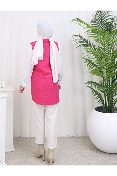 MİSS M.A.T FASHİON Bucket Pon Pon Fabric with Pocket Cover Crossbody Collar 4 Button Vest