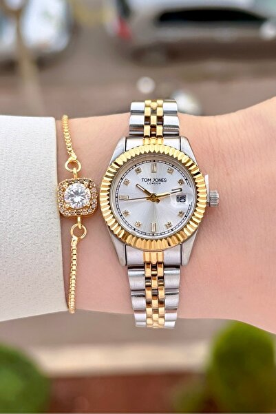 Tom Jones Sarı Silver Renk 24 Ay Garantili 25 Mm Kadın Kol Saati ve Bileklik