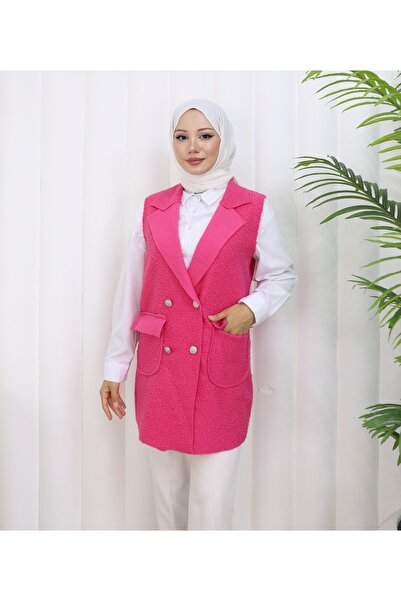 MİSS M.A.T FASHİON Bucket Pon Pon Fabric with Pocket Cover Crossbody Collar 4 Button Vest