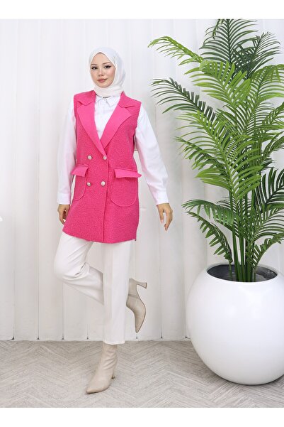 MİSS M.A.T FASHİON Bucket Pon Pon Fabric with Pocket Cover Crossbody Collar 4 Button Vest