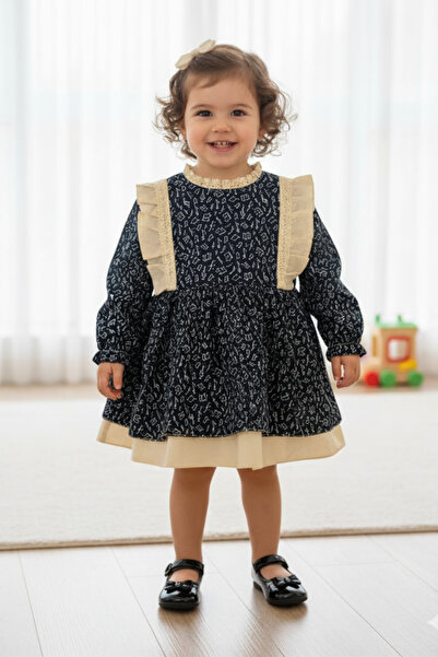 Bertuğ Bebek Nota Desenli Ve Fırfır Detaylı Kız Çocuk Bebek Pamuklu Elbise