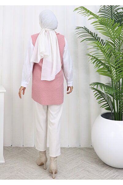 MİSS M.A.T FASHİON Bucket Pon Pon Fabric with Pocket Cover Crossbody Collar 4 Button Vest