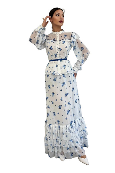 lodmela Floral Pattern Blouse and Skirt Double Suit 4707-White/Blue