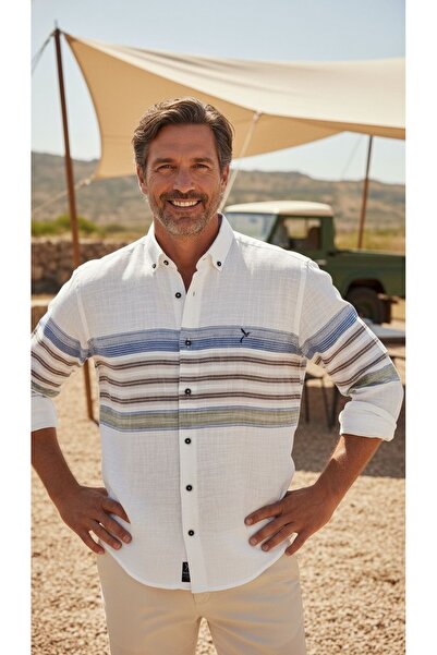 MEGALDİ Erkek Slim Fit Kesim Linen Keten Blok Desenli Mavi Kahverengi Uzun Ko...