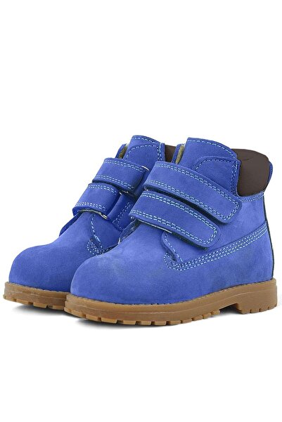 Rakerplus Neson Genuine Leather Saks Blue Fur Velcro Baby Boots