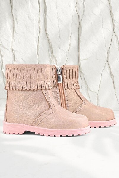 Rakerplus Chiron Genuine Leather Pink Glitter Zippered Girls' Boots