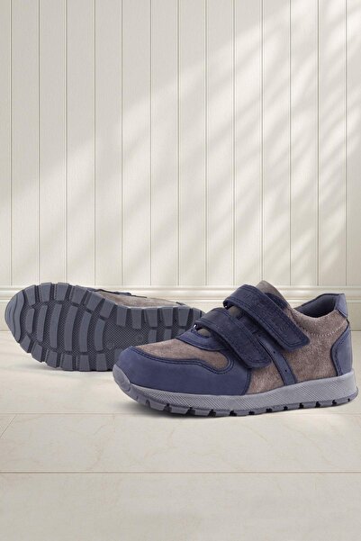 Rakerplus Genuine Leather Navy Blue Gray Velcro Children's Sneakers