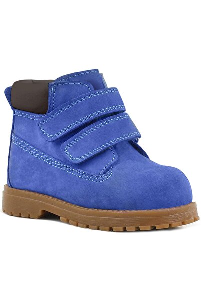 Rakerplus Neson Genuine Leather Saks Blue Fur Velcro Baby Boots