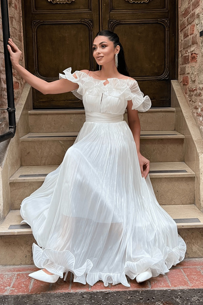 giyimmasalı Φόρεμα Midi με λεπτομέρεια από ύφασμα σιφόν - ΛΕΥΚΟ