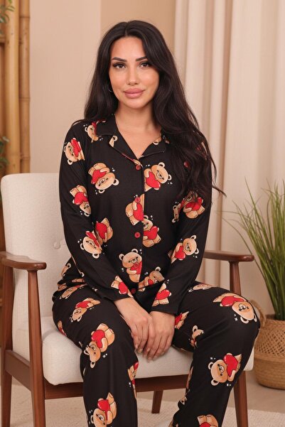 Niket Life طقم بيجامة نسائي من جلد الغزال بأزرار أمامية ونقشة دمية الدب