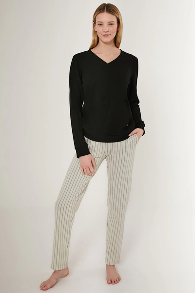 Pierre Cardin Σετ ριγέ κοστούμι Μαύρο γυναικείο μακρυμάνικο σετ πιτζάμες