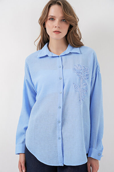 Bigdart Women's Embroidered Oversize Shirt 20338 - Blue