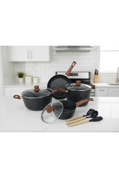 Bright Home 10Pcs Marble Cooking Set Scratch Resist Tempered Glass Lid Soft Handle (Black)