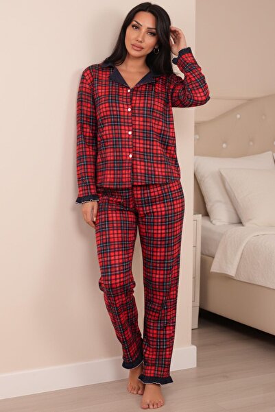Niket Life Women's Plaid Patterned Long Sleeve Pajama Top with Ruffle Detail on Sleeves and Legs, Button Front, Long Sleeve, Below Knee Length, Milan Fabric t