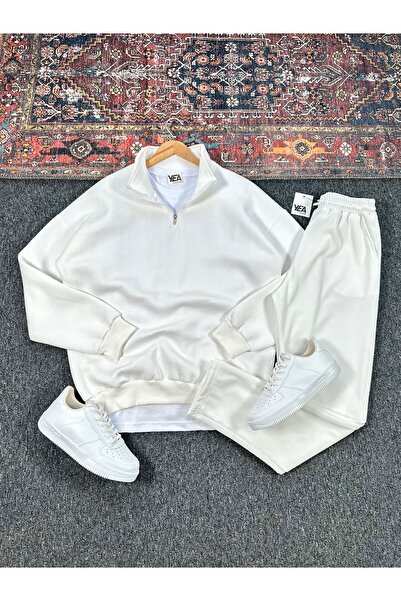 tetramoda Three Thread Plain D Mock Neck Half Zipper Sweat and Ottoman Fabric Pants Set of 2