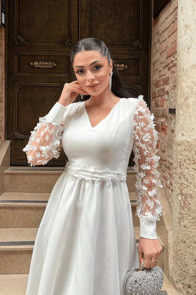 giyimmasalı Διπλό Υφασμάτινο Μανίκι 3D Floral Φόρεμα - Λευκό