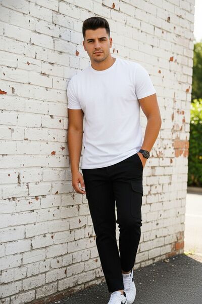 comstar Men's High Waist Stretchy Slim Fit Navy Trousers with Cargo Pockets