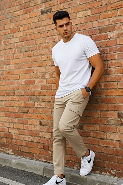 comstar Men's High Waist Stretchy Tight Cream Pants with Cargo Pockets