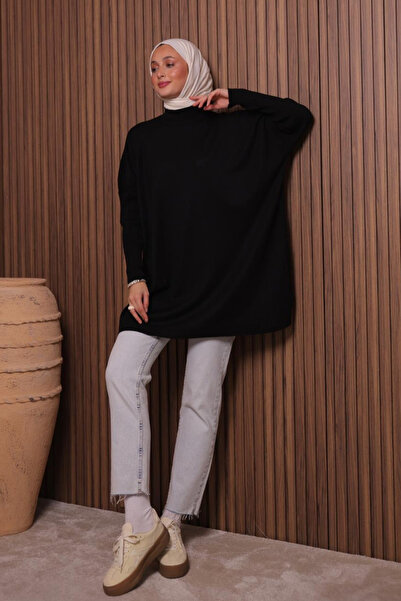 Mogi Butik Women's Mock Neck Basic 80cm Loose Oversized Knitwear Tunic 3132