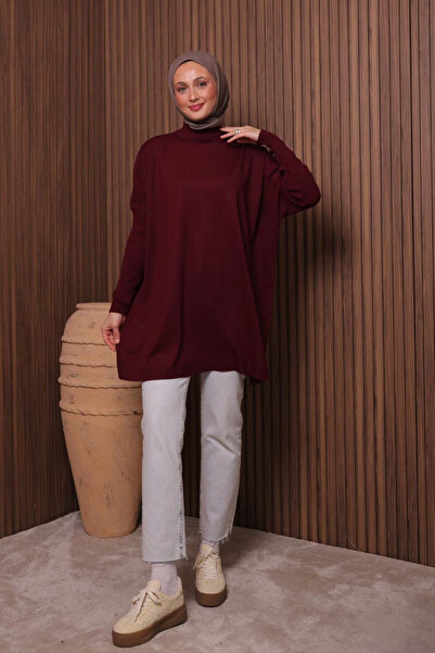 Mogi Butik Women's Mock Neck Basic 80cm Loose Oversized Knitwear Tunic 3132