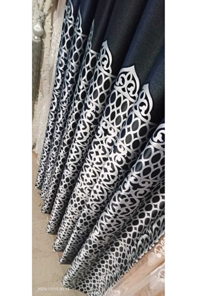 Store SATEN PANO FON PERDE GÜMÜŞ DETAYLI SİYAH VE LACİVERTİN UYUMU