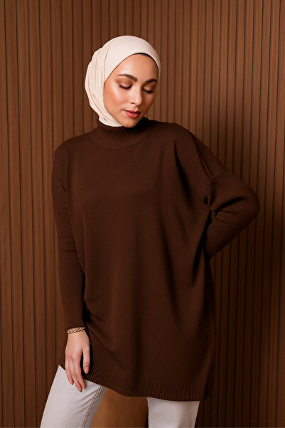 Mogi Butik Women's Mock Neck Basic 80cm Loose Oversized Knitwear Tunic 3132