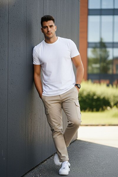 comstar Men's High Waist Cargo Pocket Stretchy Tight Coffee Pants