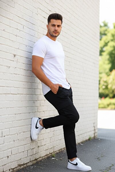 comstar Men's High Waist Cargo Pocket Stretchy Tight Black Trousers