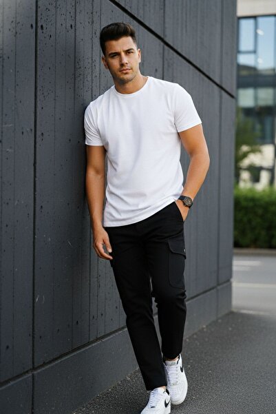 comstar Men's High Waist Cargo Pocket Stretchy Tight Black Trousers