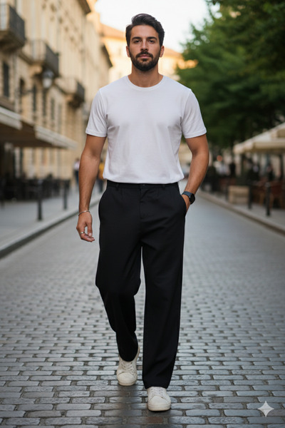 BROCARD Erkek Kışlık Likralı Baggy Kalıp Rahat Siyah Kumaş Pantolon