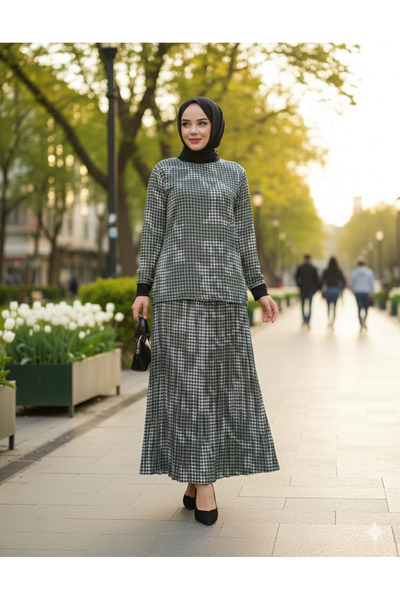 modamira Kadın Yeşil Önü Desenli Saten 2li Bluz Etek Piliseli Ikili Tesettür ...