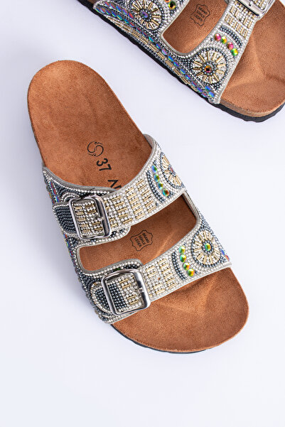 Polomia Comfort Bloom Γυναικεία Ορθοπεδική Σόλα Eva Καθημερινές Παντόφλες Διπλή Ζώνη Πόρπη με Διαμάντι Κεντημένη