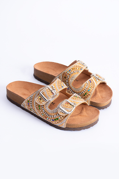 Polomia Comfort Sahra Women's Anatomical Eva Sole Comfort Stone Diamond Embroidered Double Banded Buckle Daily Sandal Slippers