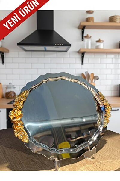 Genel Markalar 6'LI GOLD DETAYLI OVAL KULPLU GÜMÜŞ ÇAY KAHVE SUNUM TEPSİSİ