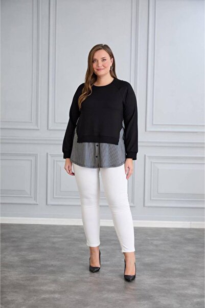 QUAWEAR Crew Neck, Laced Sides, Ribbed Sleeves, Striped Paneled Combed Cotton Fabric Tunic