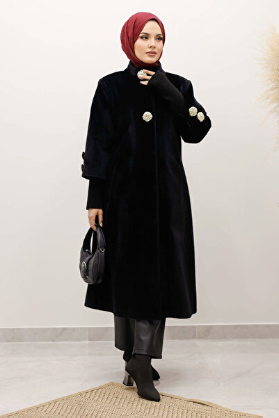 Tesettür Dünyası Angora Fox Coat with Sleeve Tip Knitwear Detail Tsd250246 Black