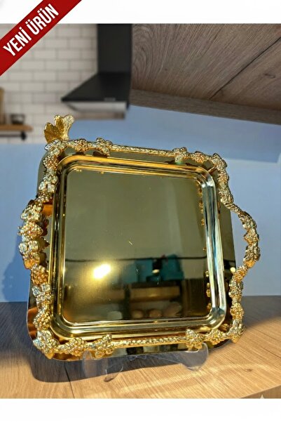 zaTen Pazar 2'Lİ TEK KİŞİLİK METAL GOLD DÖKÜM ÇAY KAHVE SUNUM TEPSİSİ
