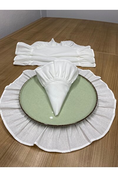 LILYUM 100% Cotton White Raw Linen Ruffled 4-Piece American Service Round 40 cm