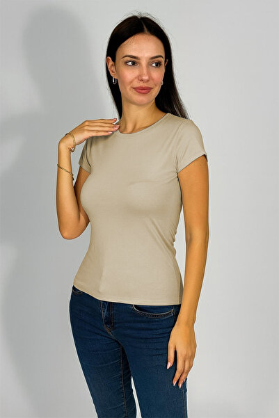 Betimoda Γυναικείο κοντομάνικο σώμα με λαιμόκοψη μπεζ