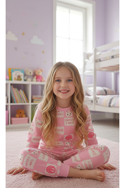 Arya Nisa Kids Girls' Rabbit Printed 100% Cotton Fleece-Lined Pink Pajama Set
