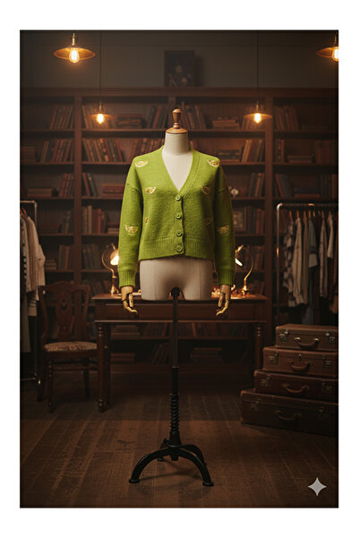 Namaste Vintage Green Color Lemon Embroidery V-Neck Knitwear Cardigan