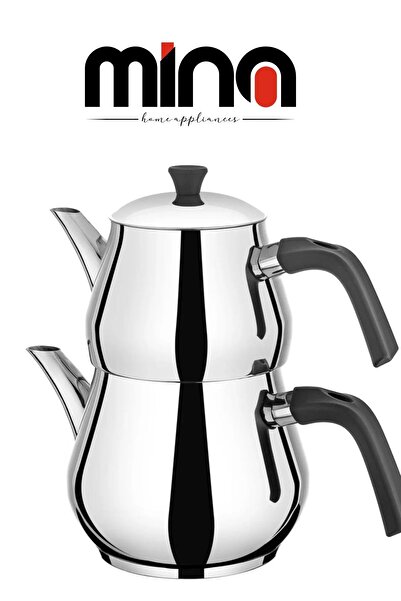 Mina طقم إبريق شاي صغير من الفولاذ المقاوم للصدأ، علوي 0.80 لتر - سفلي 1.20 لتر